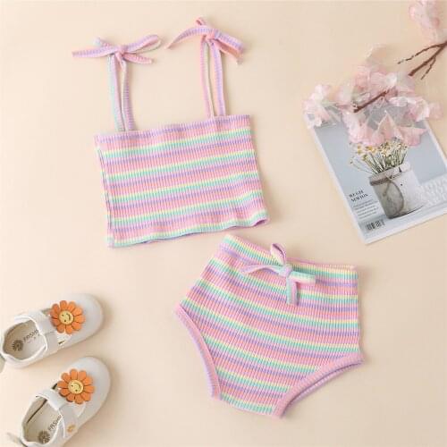 Lovely Newborn Baby Girls 2Pcs Knitted Summer Outwear Toddler Stripe Spaghetti Straps Vest + High-Waist Shorts Kids Tracksuit