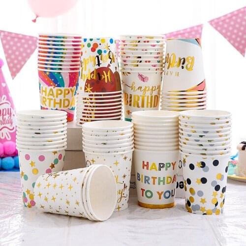 10Pcs Disposable Tableware Cups Gold Stamping Dot Stripe Letter Printed Paper Cups For Birthday Party Baby Shower Wedding Supply