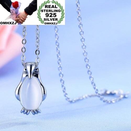 OMHXZJ Wholesale European Fashion Woman Girl Party Wedding Gift Penguin Opal 925 Sterling Silver Pendant Necklace NA05