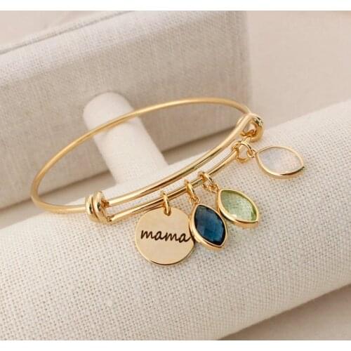 Personalized Family Names Stainless Steel Round Charms Bracelet with Birthstones Custom Engraved Names Bangle Gift for Mother