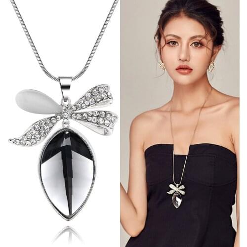 RAVIMOUR Statement Necklaces Women Long Chain Big Crystal Bowknot Pendants Opal Collar Mujer Fashion Jewelry Luxury Gift