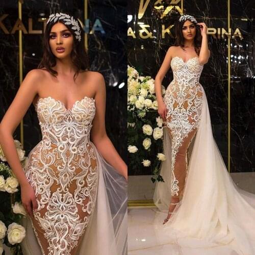 Arabia Sweetheart Mermaid Wedding Dresses Plus Size Illusion Bodice Lace Applique Tulle Overskirt Wedding Gowns Vestidos De Novi