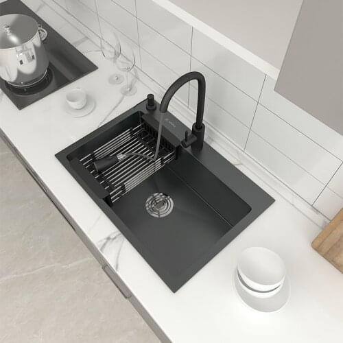 Dark Gray Kitchen Sink 304 Stainless Steel Upmount Single Bowl Wash Basin for Home Fixture with Kitchen Drain Pipe Accessories