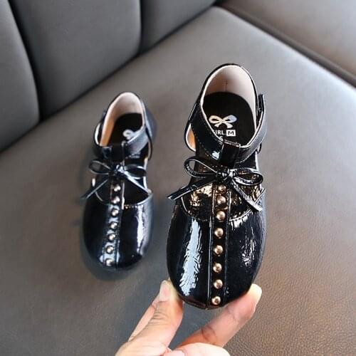 Girls Shoes Princess Kids Flats Children Casual Flats T-strap Bowtie With Rivet Bow-knot Shoes For Wedding Party Model Show Soft