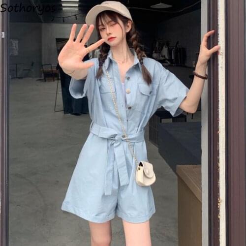 Women Turn-down Collar Rompers Solid Tunic Short Sleeve Cargo Teenagers Fashion Slender Females Playsuits Korean Style Leisure