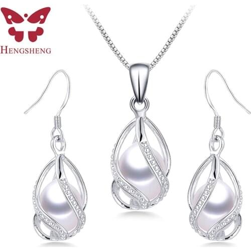 100% Natural Freshwater Pearl Jewelry Sets For Women Fashion 925 Sterling Silver Earrings+Pendant Wedding Jewelry With Box