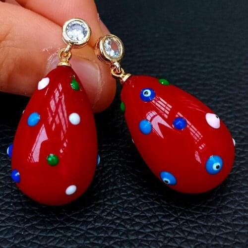 Red Sea Shell Pearl Teardrop Enamel Cz Dangle cubic zirconia micro pave Stud Earrings for women Wedding Party Jewelry Gift