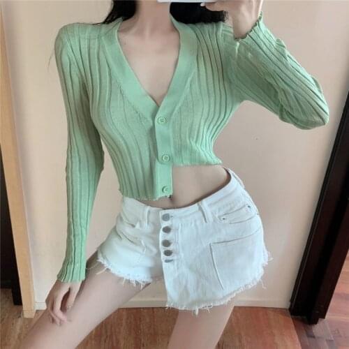 Sexy V-neck Solid Cropped Cardigan Women Korean Autumn Long Sleeve Thin Ice Silk Knitted Sweaters Air Conditioner Sunscreen