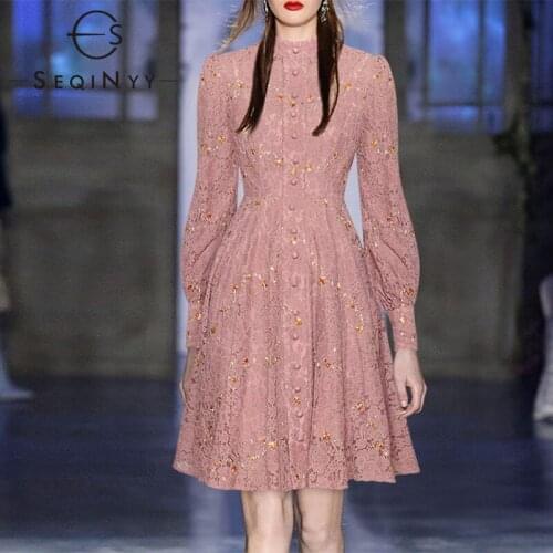 SEQINYY Sweet Lace Dress Spring Autumn New Fashion Design Women Runway High Quality Embroidery Flowers A-line Mini Casual