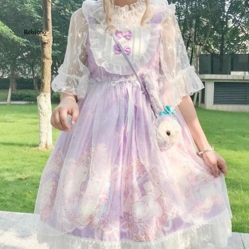 Japanese Lolita Kawaii Dress Women Summer Soft sister Style Cute Bowknot Cat Print Strap Sweet Princess Dress Preppy Style