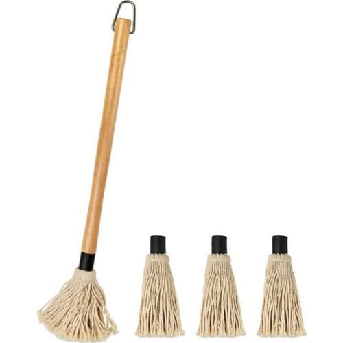 1pcs Grill Basting Mop Wooden Long Handle With 4 Extra Replacement Heads,BBQ Basting Mop For Grilling Barbecue Cooking