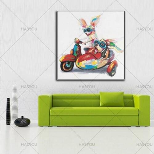 100% Hand Painted Canvas Abstract Acrylic Oil Painting rabbit Riding a motorbike Modern Animal picture Wall Art home Room Decor