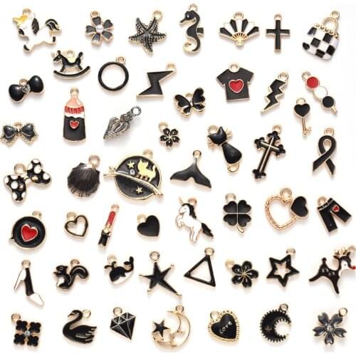 50Pcs Random Black Mix Size Style Alloy Metal Drop Oil Charms Pendant For DIY Bracelet Necklace Jewelry Making wholesale bulk