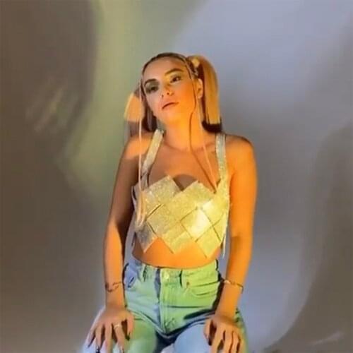 White Day Handmade Stitching Shiny Crystal Hollow Irregular Short Top Sexy Girl Carnival Party