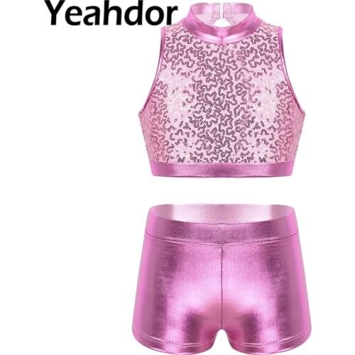 Kids Girls Dance Costume Shiny Sequins Sleeveless Cutout Back Crop Top with Bottoms Set for Jazz Dance Performance Workout