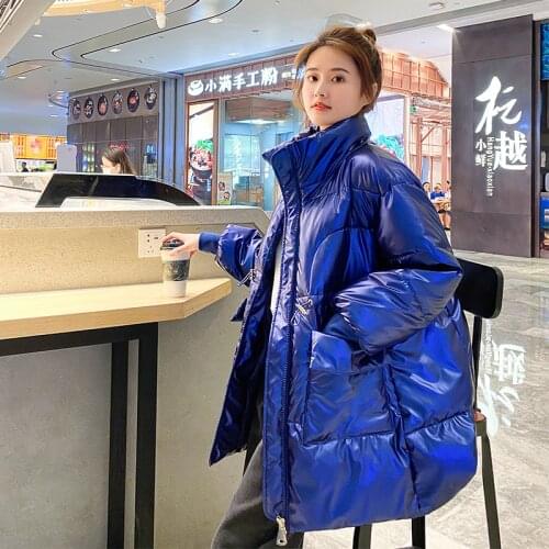 Long Parkas Female Winter Stand Collar Oversized Shiny Womens Jackets Fad Solid Thick Big Pockets Loose Casual Overcoat Female