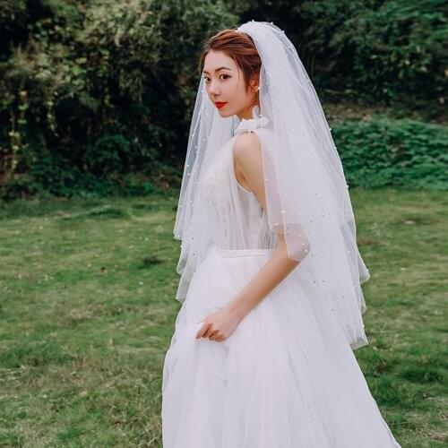 2T Pearls Wedding Veil Short Soft Tulle Bridal Veils Two Layer Beade Ivory White Fingertip Bride Veils Wedding Accessories