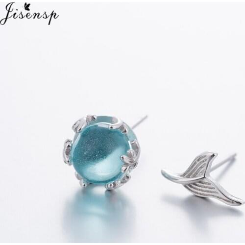 Jisensp Romantic Blue Mermaid Tear Crystal Beads Earrings for Women Wedding Gift Asymmetric Mermaid Tail Stud Earrings Jewelry