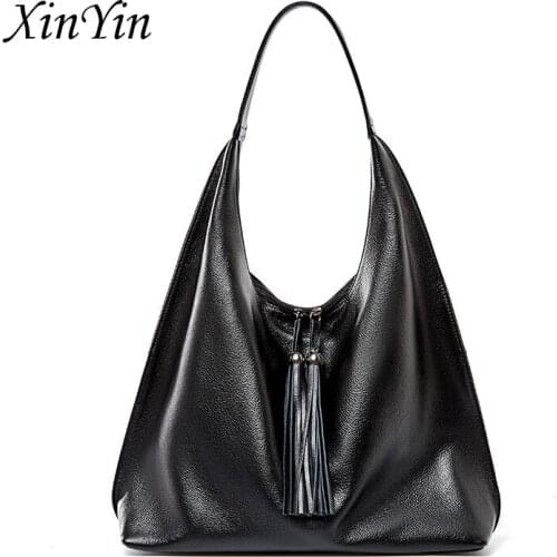 Fashion genuine leather tote bags for women shoulder 2020 new luxury handbags leisure designer large purses black tassel girls