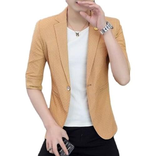 Male Suit,Wedding Men Suit,Summer, Mens Suit, Linens, 7-Quarter Sleeves, Casual Suit, Single Button, Pocket Trim, 4 Colors,M-3X