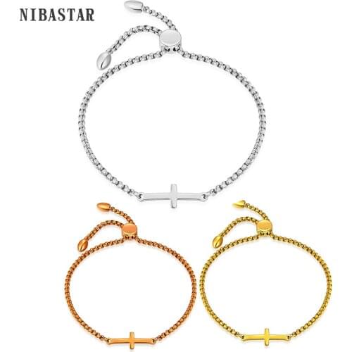 NIBASTAR Jesus Cross Charm Bracelet For Women Stainless Steel Luck Bangle Adjustable Cute Fashion Chain Girls Party Jewelry