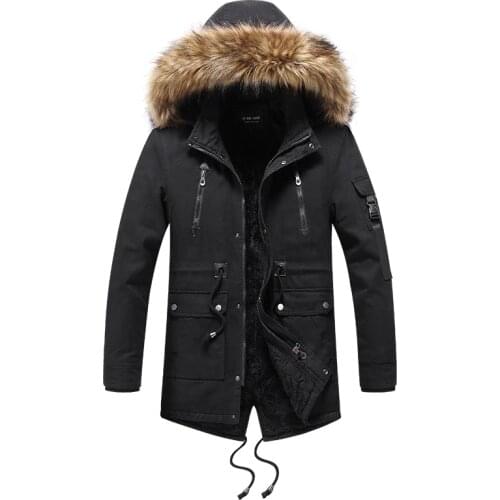 2021 New Winter Parkas Jacket Men Mid-length Hooded Fur Collar Velvet Thick Windbreaker Outwear Wool Liner Warm OverCoat Men