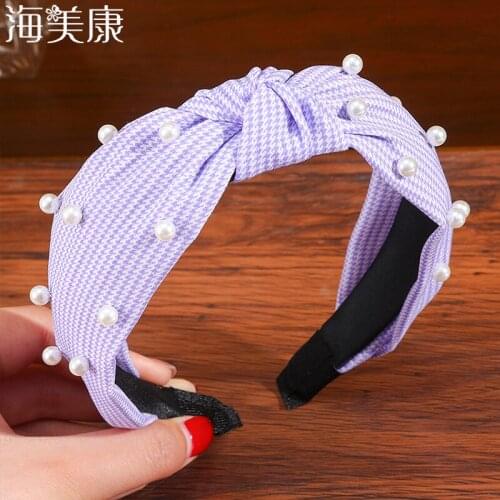 Haimeikang Knot Pearls Headbands For Women Girls Handmade Wide Solid Soft Fabric Mesh Hairband Bezel Hair Hoop Hair Accessories