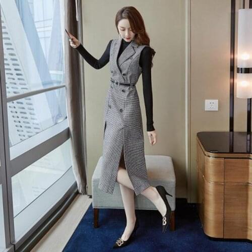 Autumn Winter Two Piece Set Overalls Dress Women New O-neck Sweater + Cross Plaid Tweed Vest Dress with Belt Elegant Suits H74