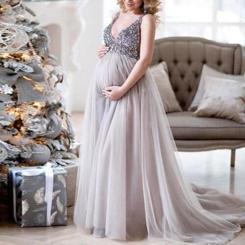 Maternity Photography Dresses Sexy Women Pregnant Sling V Neck Sequin Cocktail Long Maxi Prom Maxi Gown Dresses For Pregnant