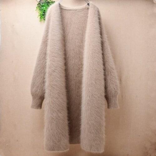 Heavy thick female women fashion plush mink cashmere knit long sleeves loose long cardigans angora fur winter long jacket coat