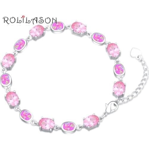 ROLILASON Brand Design Anniversary Pink Fire Opal Silver Stamped Charm Bracelets for Women Precious pulseras OB075