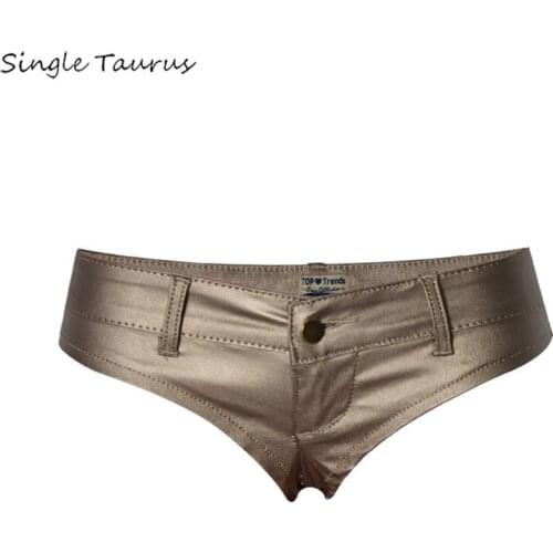 European and American Nightclubs Low Waist Shorts Women Super Sexy Club Elasticity PU Coated Denim Faux Leather Golden Shorts