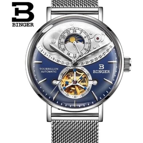 Switzerland Automatic Mechanical Watch Men BINGER Skeleton Full Steel Relogio Masculino Waterproof Reloj Hombre Zegarek Meski