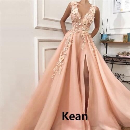 Peach Evening Dress Slit V-Neck Tulle Lace Flowers robe soiree Islamic Dubai Kaftan Saudi Arabic Evening Gown Boho Prom Dress