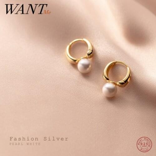 WANTME Real 925 Sterling Silver Minimalist Korean Buckle Circle Pearl Stud Earrings for Women Unique Charms Wedding Jewelry Gift