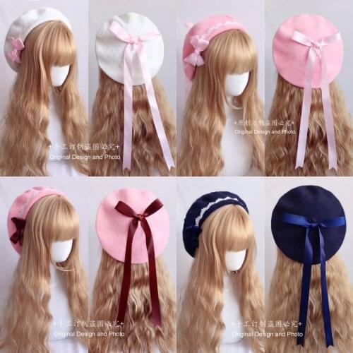 Japanese Girly heart Sweet Berets Woolen Cloth Lolita Handmade Dome Hat Lace Bowknot Painter Hat Loligirl Biscuit Hat