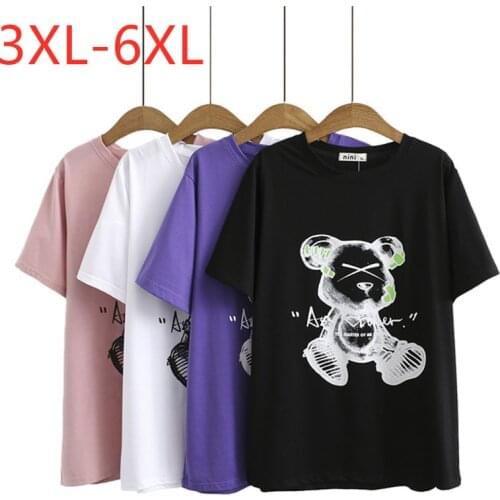 New 2021 Ladies Summer Plus Size Tops For Women Large Short Sleeve Loose Cotton Black Print Cartoon T-Shirt 3XL 4XL 5XL 6XL