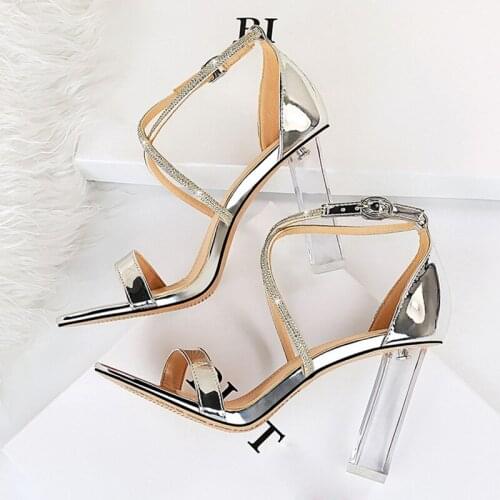 2021 Summer Women 9.5cm High Heels Glitter Sandals Transparent Block Clear Heels Platform Sandals Lady Sexy Transparent Shoes