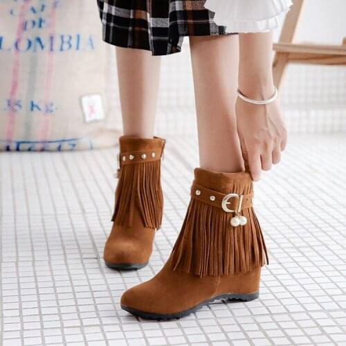 PXELENA Beads Buckle Tassel Ankle Boots Women Hidden High Heels Fringe Boots Ladies Shoes Fashion Footwear 2018 Winter New 34-43
