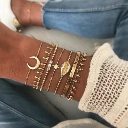 Punk Golden Opening Cuff Bracelets & Bangles For Women Fashion Crystal Geometric Link Chain Charm Bracelets Set Party Jewelry