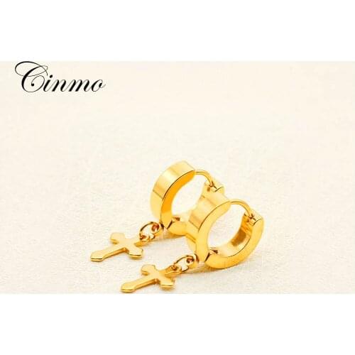 Cinmo Stainless Steel Piercing Drop Earrings Cute Gold Jesus Cross Kpop Dangles For Men Women Wholesale Religion Ear Jewelry