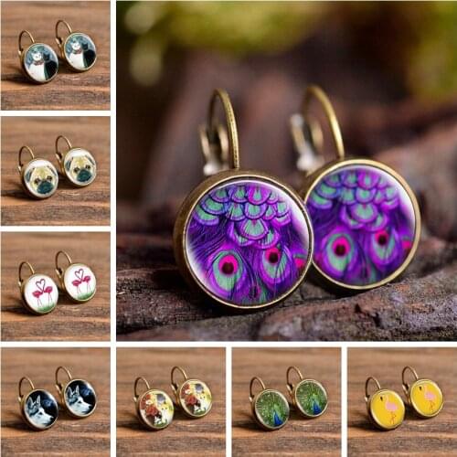 Women Fashion Earrings Glass Cabochon Charm Handmade Stud Earrings for Women Girl Best Gift Cute Cat Peacock Pattern Jewelry