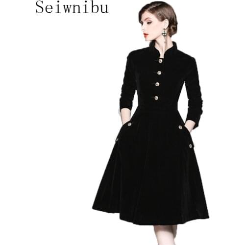 Seiwnibu Elegant Black Velvet Dress Winter Dresses Retro Women 2018 Audrey Hepburn Long Sleeve Ladies Office Dress Vestidos Robe