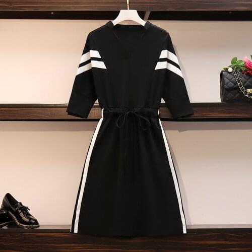 4XL plus size women elegant vintage Patchwork Stripe dress autumn winter 2021 3/4 sleeve v neck slim a line dress big women