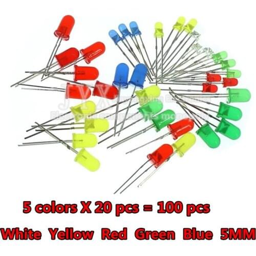 100pcs 5mm LED Light Assorted Kit DIY LEDs Set White Yellow Red Green Blue 5kinds X 20pcs