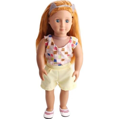 18 Inch American Doll Girls Casual Yellow Shorts Suit Newborn Dress Baby Toys Fit 40-43 Cm Boy Dolls c213