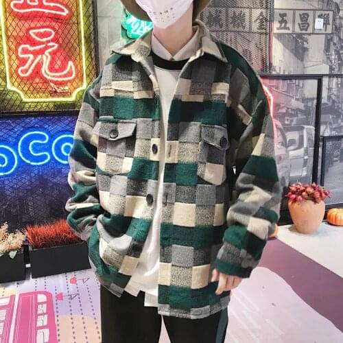 2021 Mens Loose Lattice Printing Long-sleeved Woolen Shirt Mid-length Trench Green Color Cotton Clothes Coats M-2XL