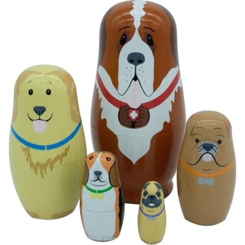 5pcs/set Wooden Cartoon Animals Matryoshka Dolls Children DIY Toys Anime Dogs Russian Babushka Matryoshka Nesting Dolls Gifts