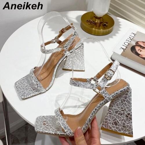 Aneikeh 2021 Summer New Triangular Texture Sequined Cloth Sandals Womens Sexy Thick Spike Heels Pumps Ankle Buckle Strap Party