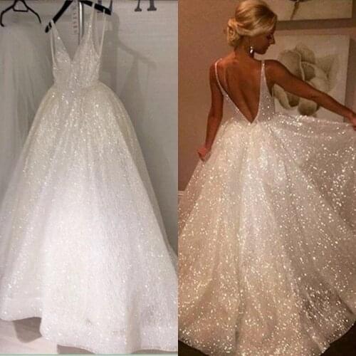 Shiny Tulle A-line Wedding Dresses 2021 Open Back V neckline Wedding Gowns Women Bridal Dresses Custom made